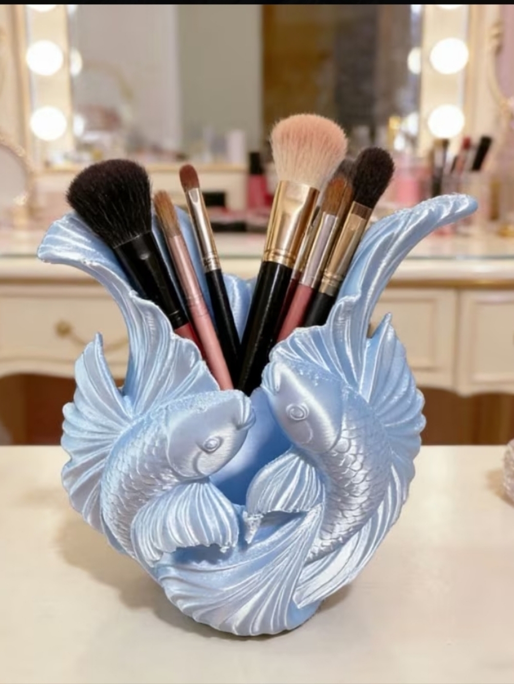 Blue Fish Makeup Brush Holder - Decorative Vanity Organizer